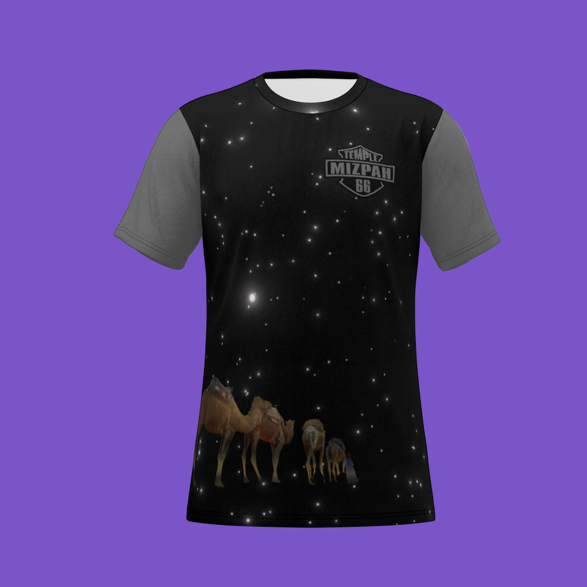 Mizpah Temple No. 66 All-Over Print T-Shirt – Oasis of Goldsboro, Desert of North Carolina | Custom Camel Caravan Starry Night Tee | Gray sleeves