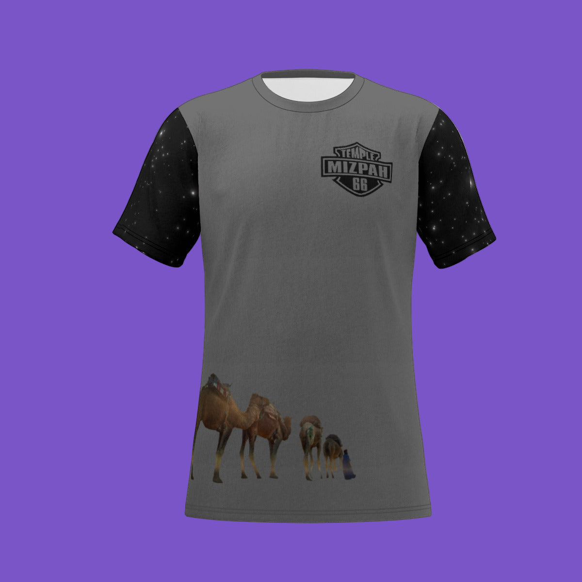 Mizpah Temple No. 66 All-Over Print T-Shirt – Oasis of Goldsboro, Desert of North Carolina | Custom Camel Caravan Starry Night Tee | Black sleeves