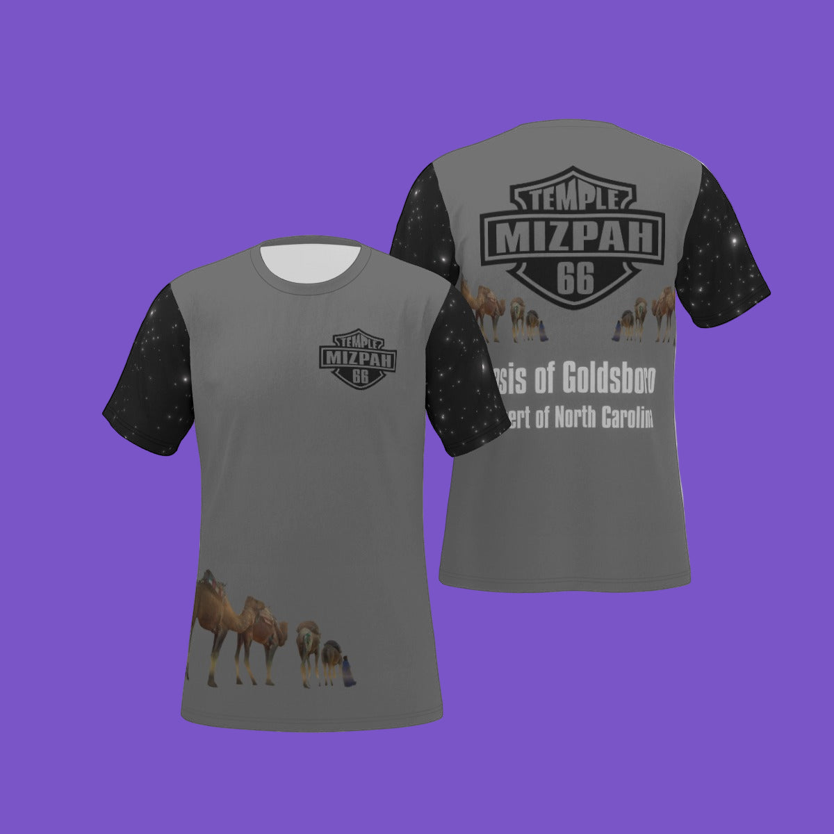 Mizpah Temple No. 66 All-Over Print T-Shirt – Oasis of Goldsboro, Desert of North Carolina | Custom Camel Caravan Starry Night Tee | Black sleeves