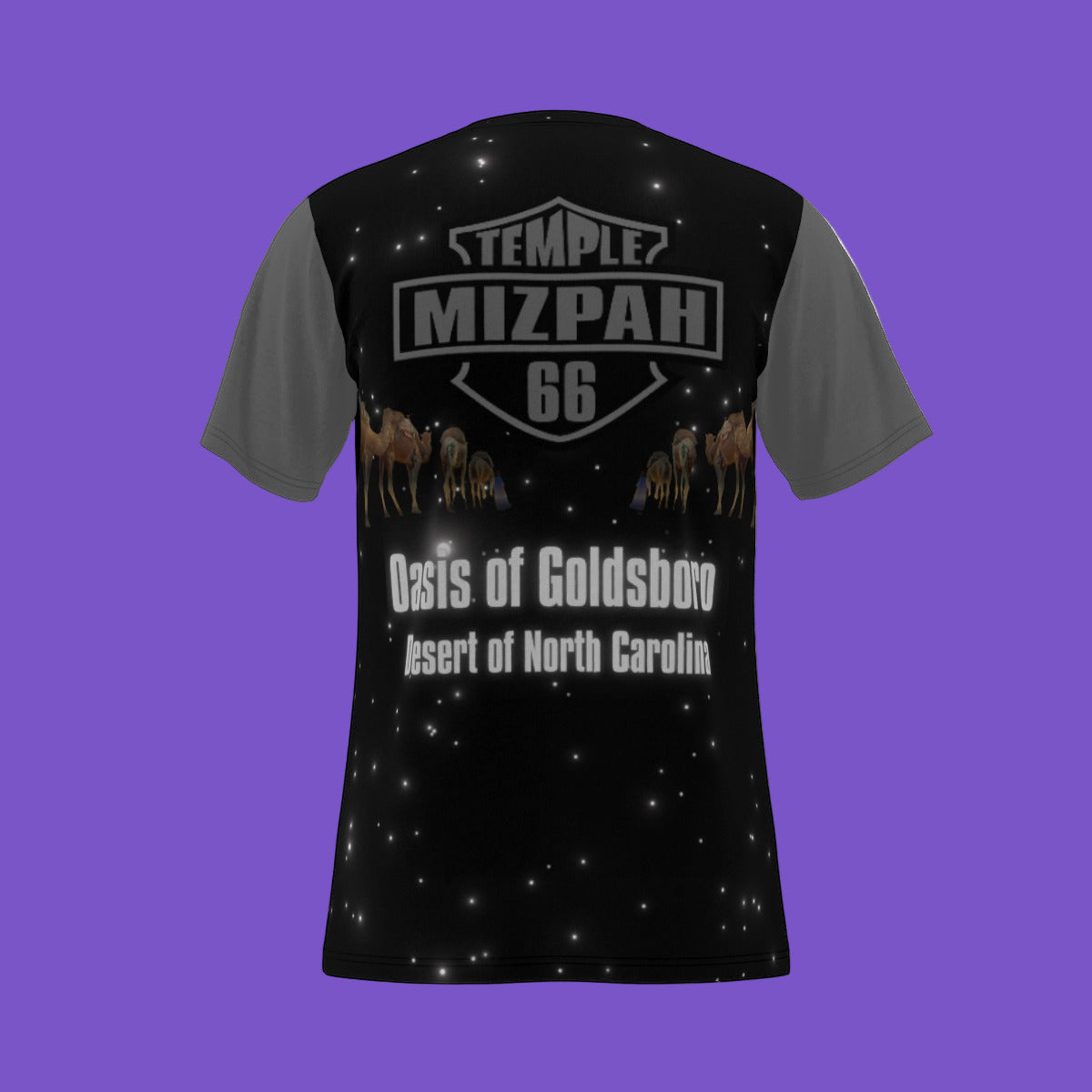 Mizpah Temple No. 66 All-Over Print T-Shirt – Oasis of Goldsboro, Desert of North Carolina | Custom Camel Caravan Starry Night Tee | Gray sleeves