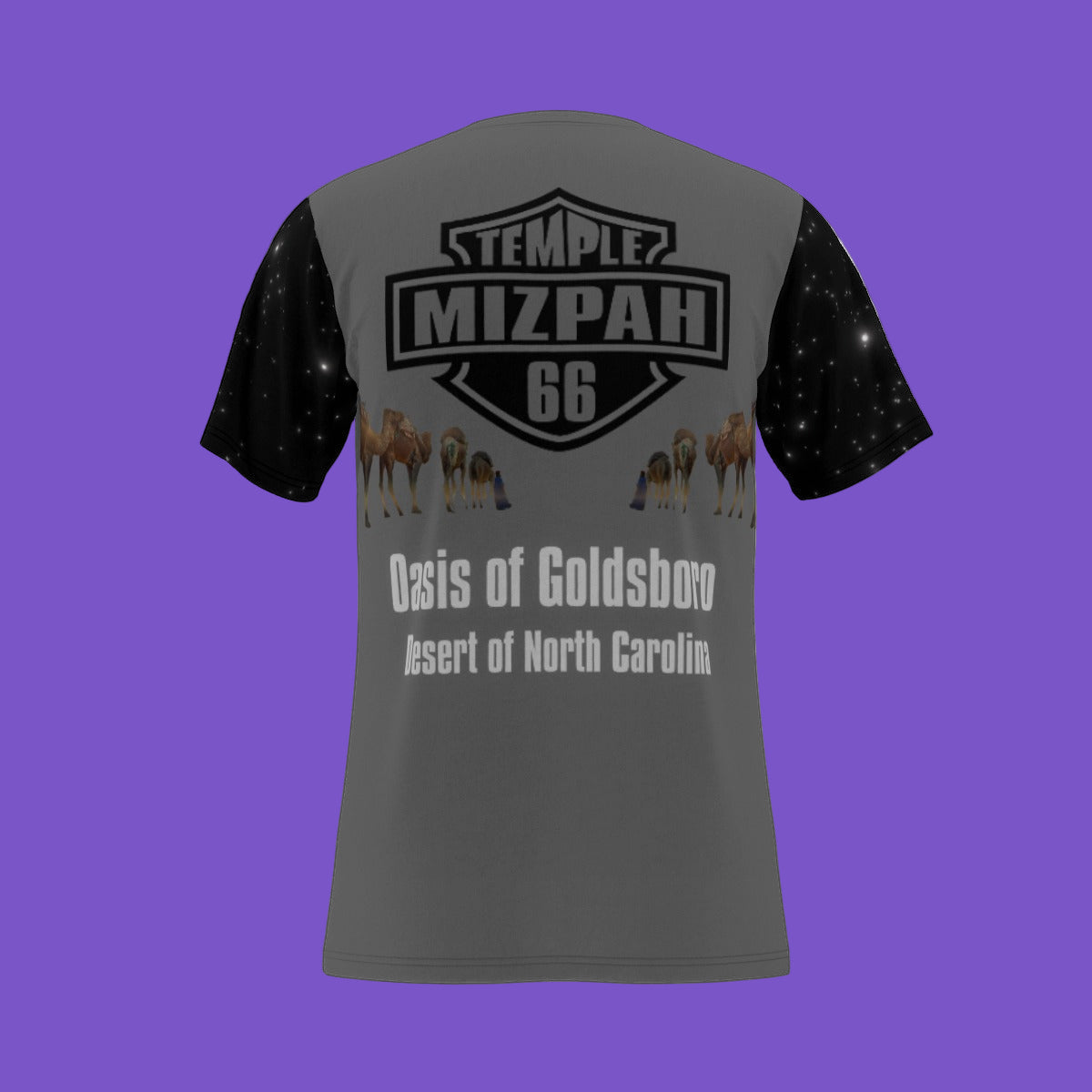 Mizpah Temple No. 66 All-Over Print T-Shirt – Oasis of Goldsboro, Desert of North Carolina | Custom Camel Caravan Starry Night Tee | Black sleeves