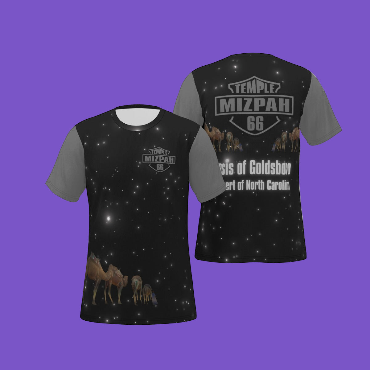 Mizpah Temple No. 66 All-Over Print T-Shirt – Oasis of Goldsboro, Desert of North Carolina | Custom Camel Caravan Starry Night Tee | Gray sleeves