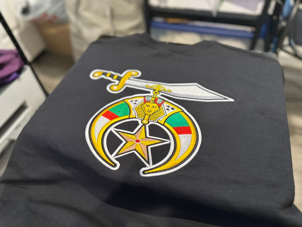 Black Crewneck Sweatshirt – Embroidered PHA Shriner Emblem (Front & Back)