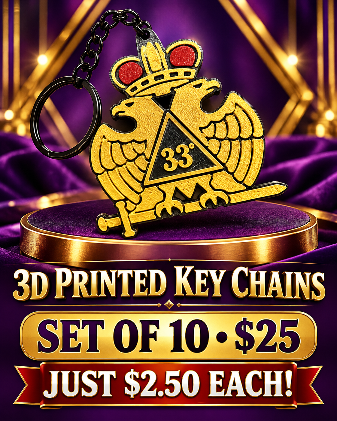 Crowned 33° Eagle 3D Printed Key Chain Set of 10