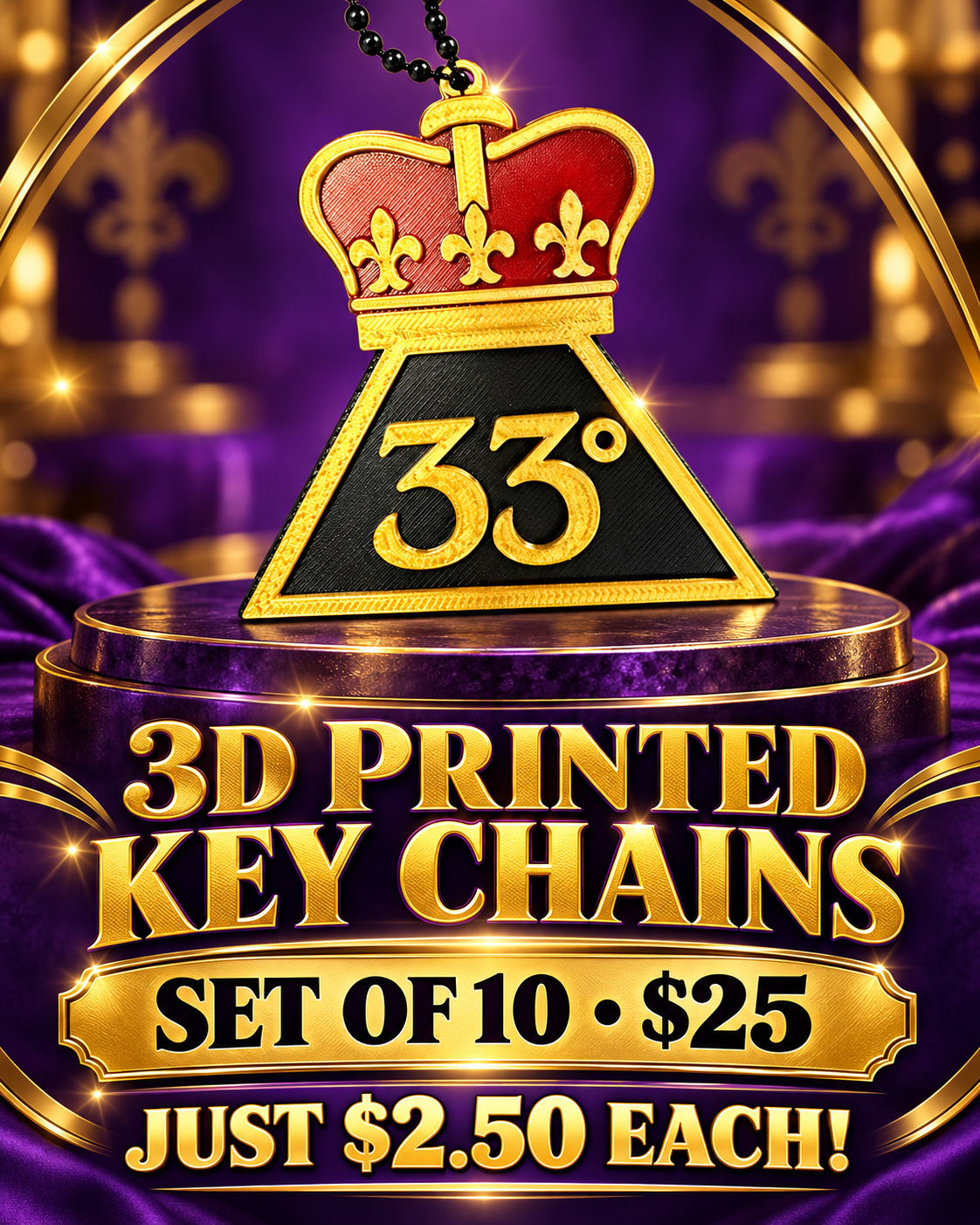 Crowned 33° 3D Printed Key Chain Set of 10