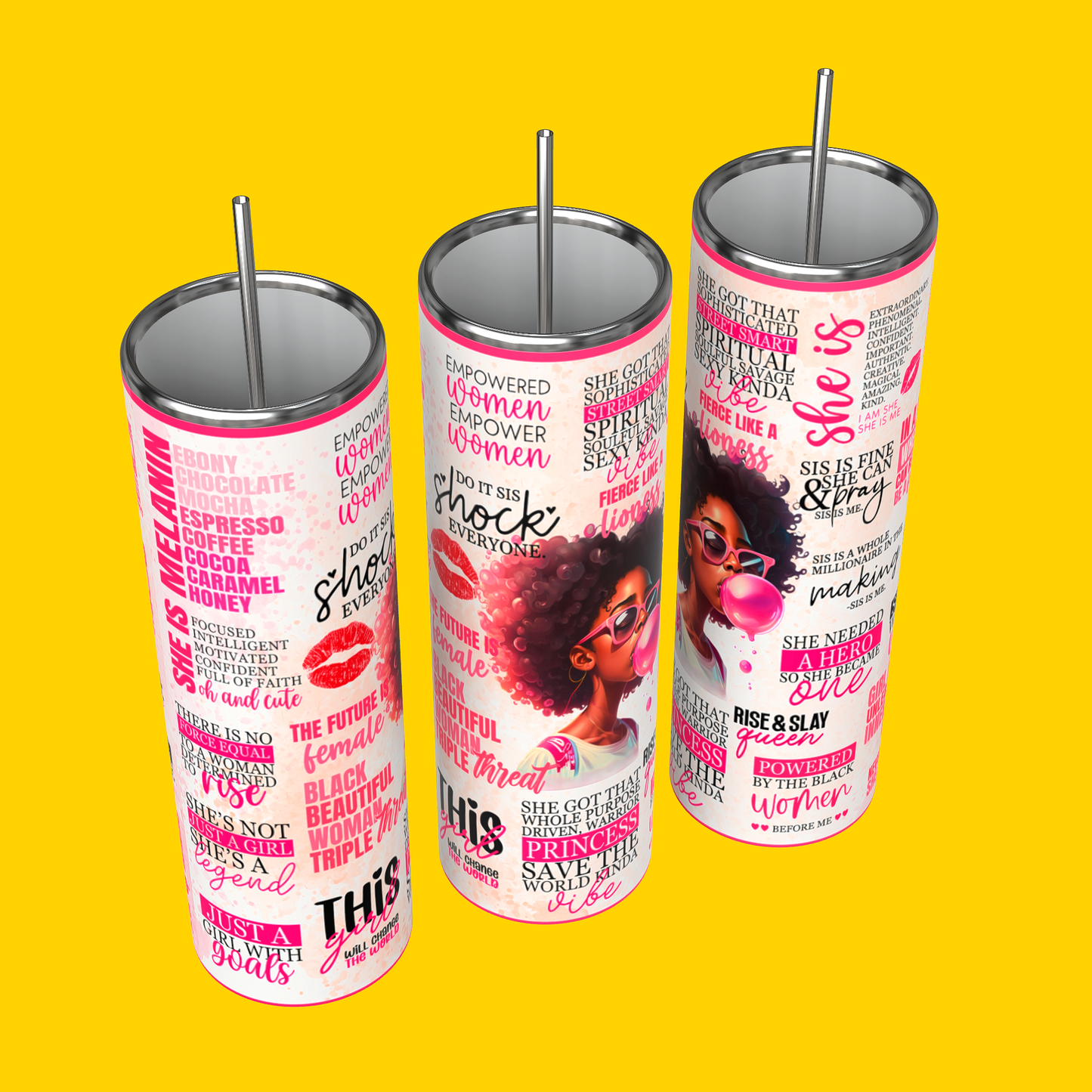 Pink Girl with Afro blowing bubble gum | Affirmations Tumbler