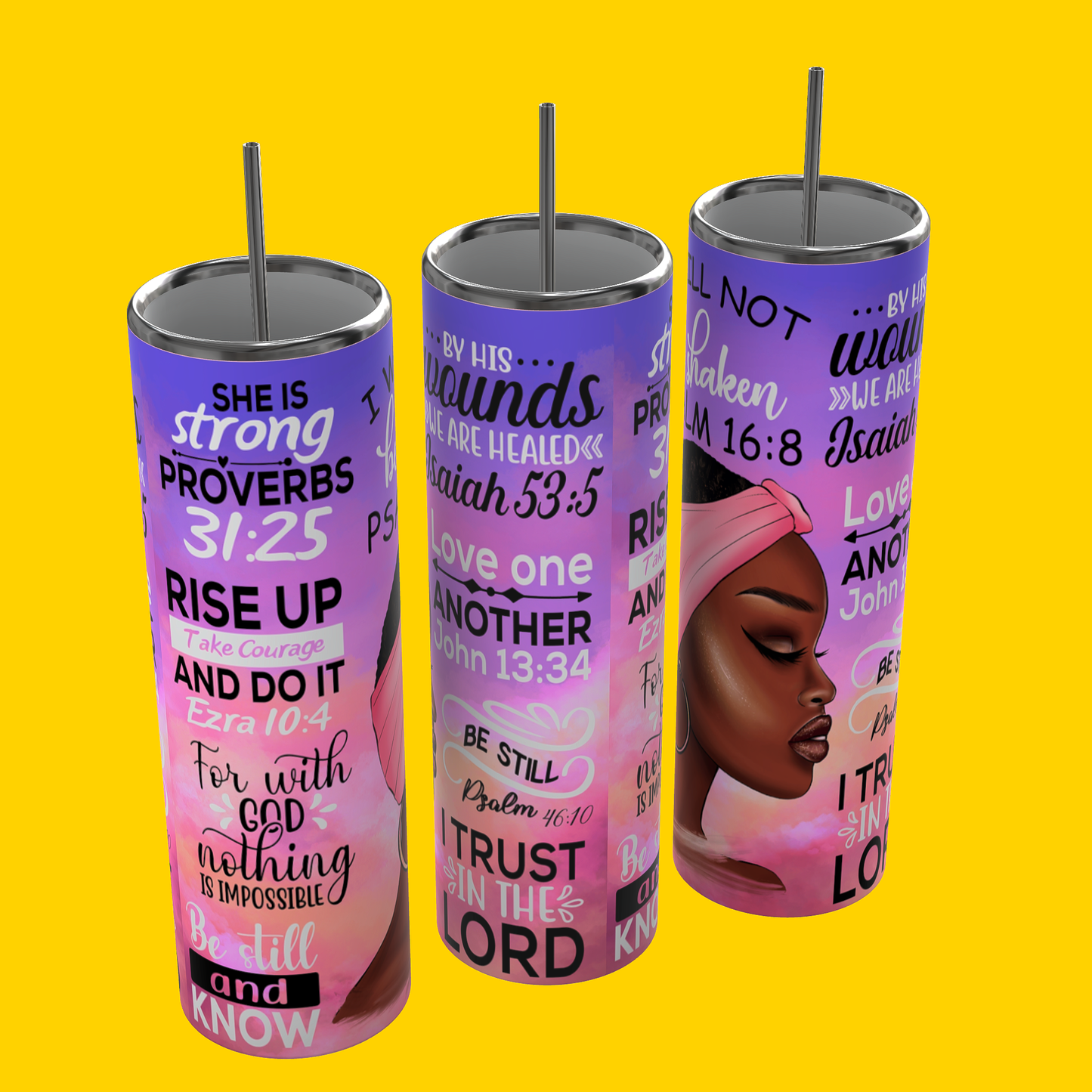 I Will not be Shaken Proverbs 31 | She is strong | Purple and pink | Melanin lady with short hair wearing scarf and hoop earrings Tumbler