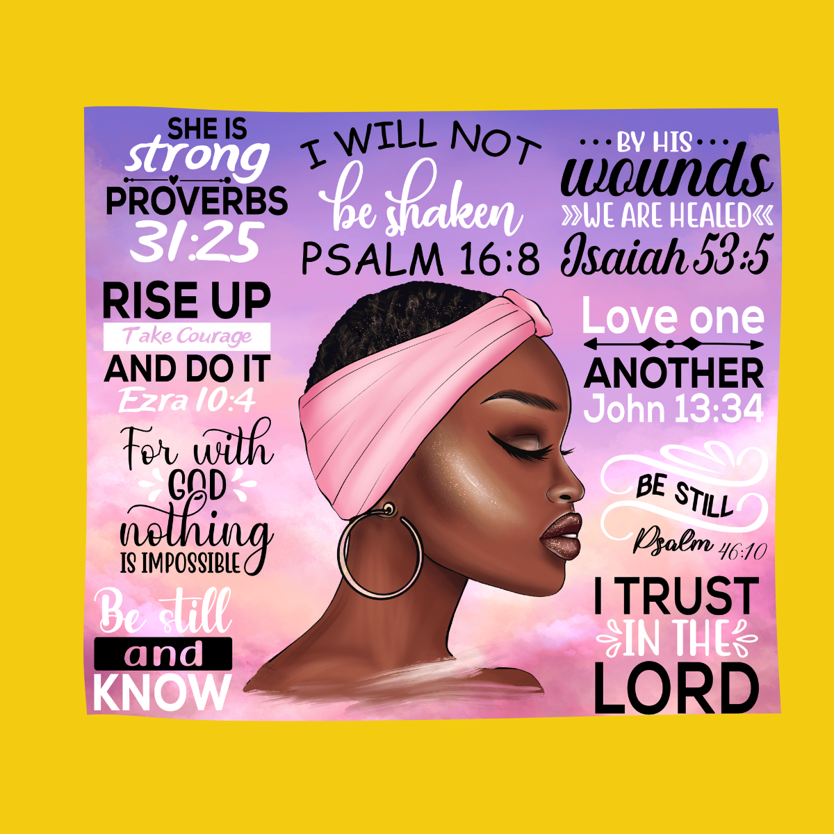 I Will not be Shaken Proverbs 31 | She is strong | Purple and pink | Melanin lady with short hair wearing scarf and hoop earrings Tumbler
