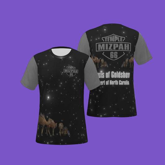 Mizpah Temple No. 66 All-Over Print T-Shirt – Oasis of Goldsboro, Desert of North Carolina | Custom Camel Caravan Starry Night Tee | Gray sleeves