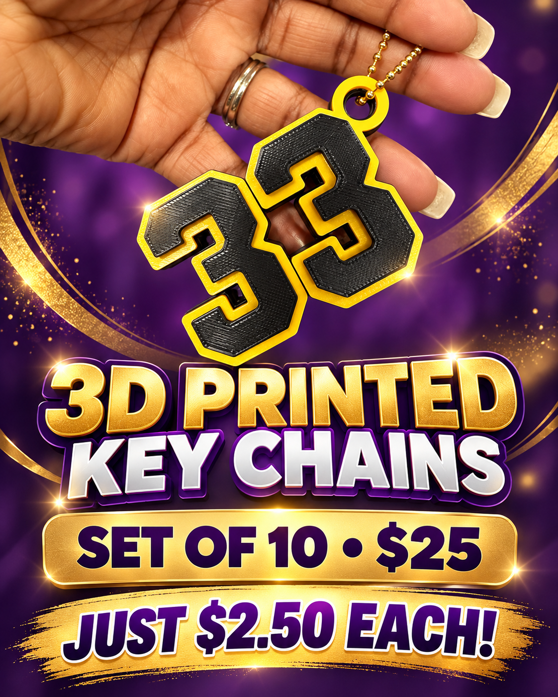 ° Black and Gold 3D Printed Key Chain Set of 10