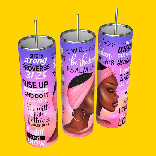 I Will not be Shaken Proverbs 31 | She is strong | Purple and pink | Melanin lady with short hair wearing scarf and hoop earrings  Tumbler