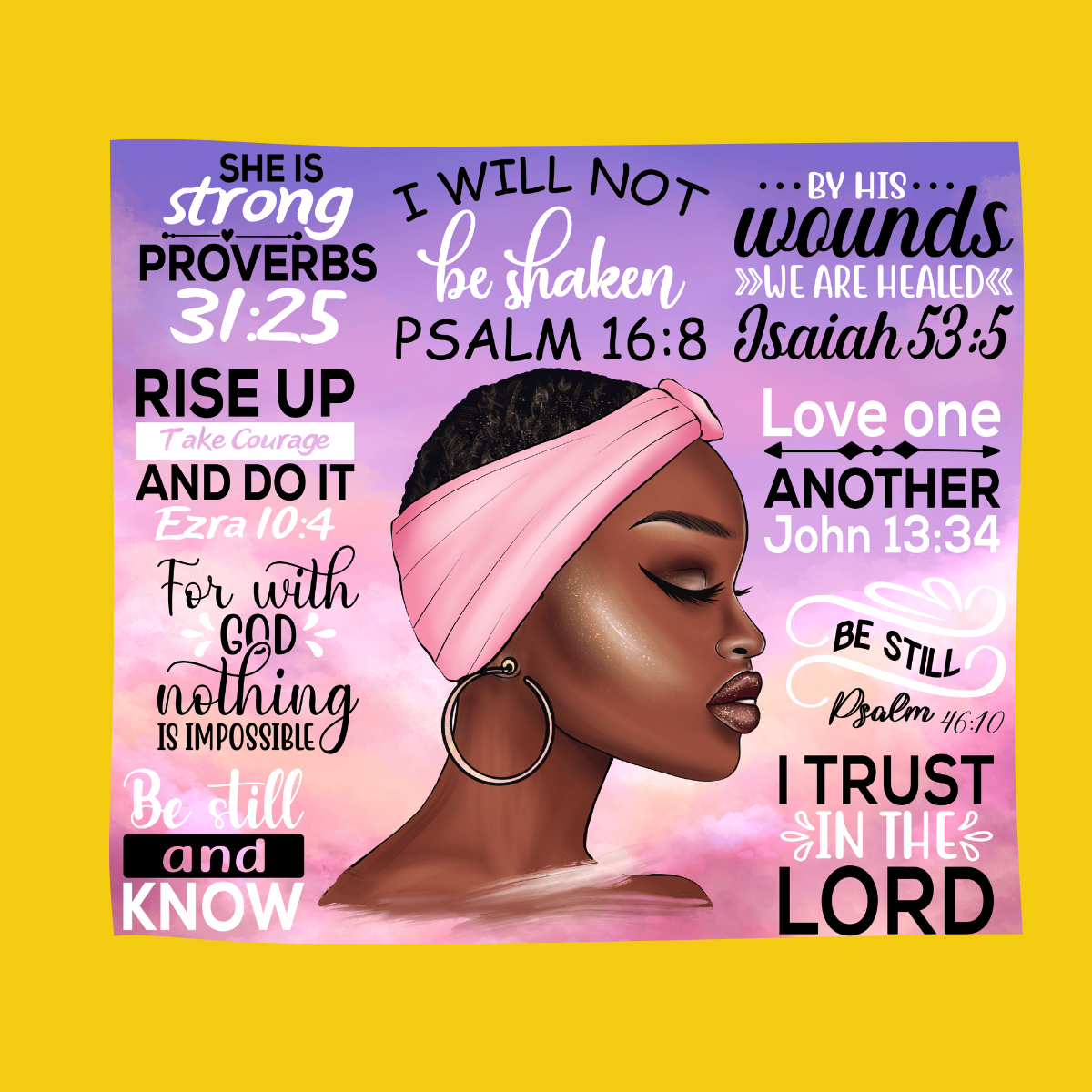 I Will not be Shaken Proverbs 31 | She is strong | Purple and pink | Melanin lady with short hair wearing scarf and hoop earrings  Tumbler